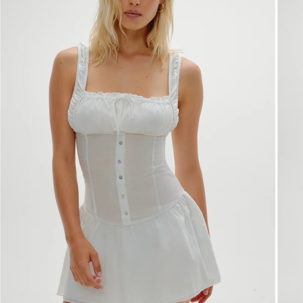 Frankies Bikinis White Christa Ruffle Mini Dress (as seen on Hailey Bieber)